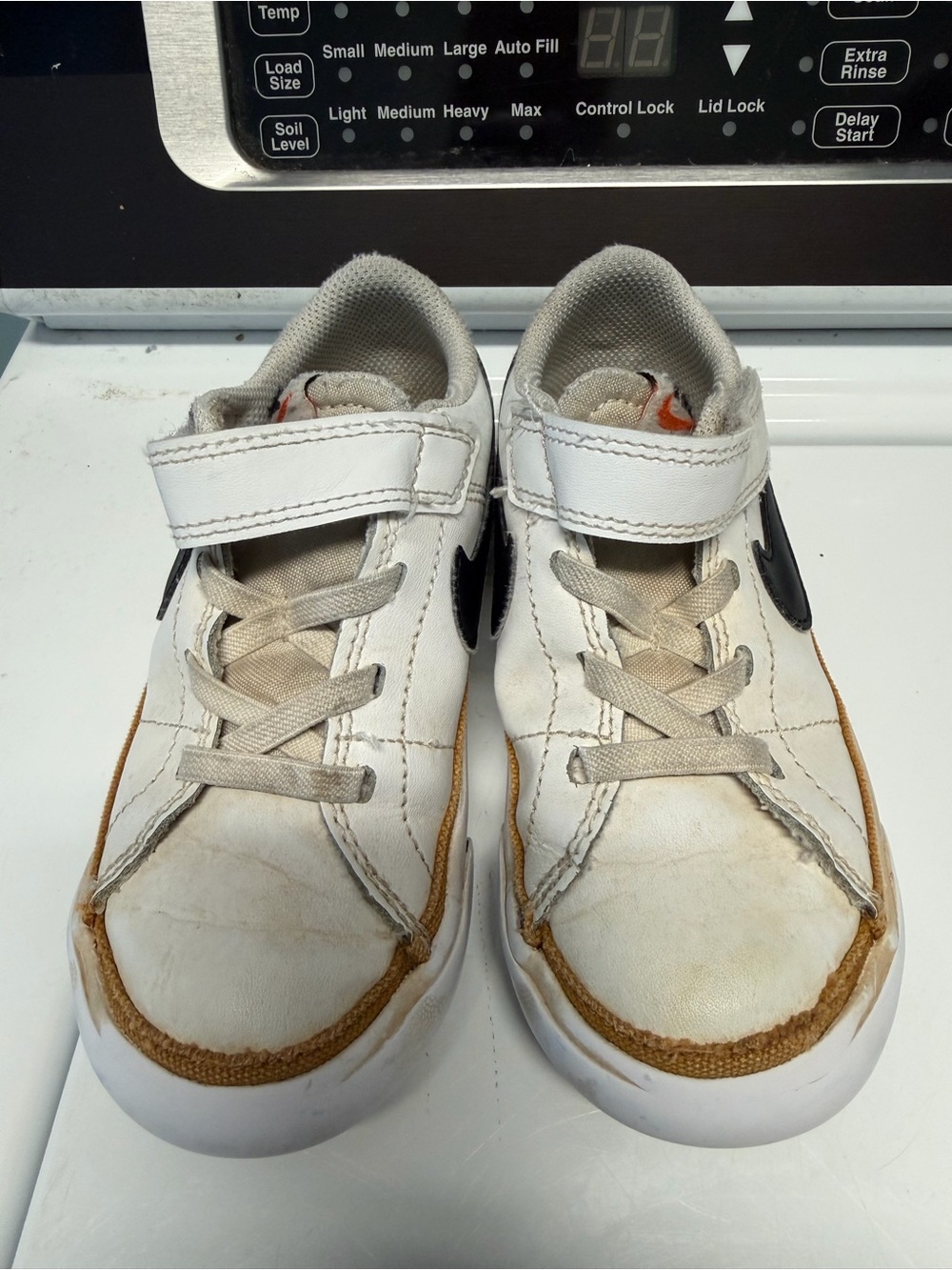 Nike Kids White Sneakers with Black Swoosh and Tan Trim